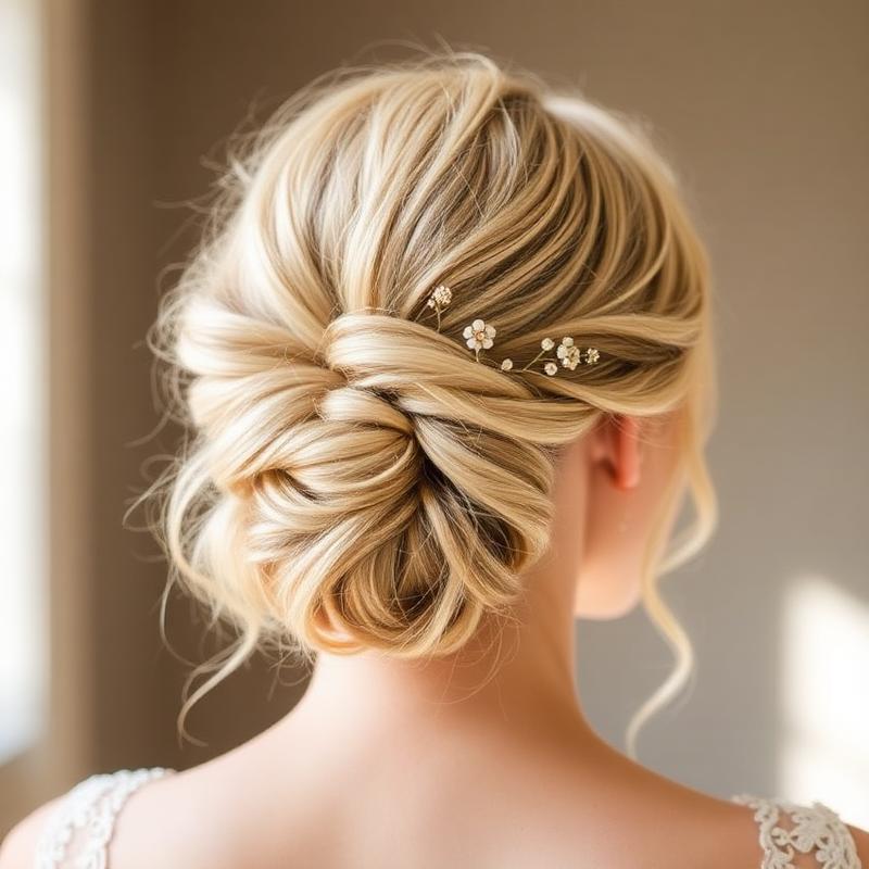 Soft bridal updo with dried flowers